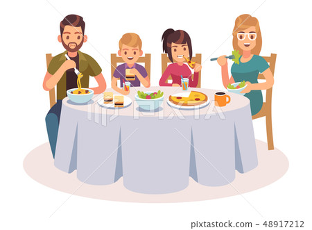 Family eating table. Happy people eat food dinner parents kids father mother daughter drink lunch 48917212