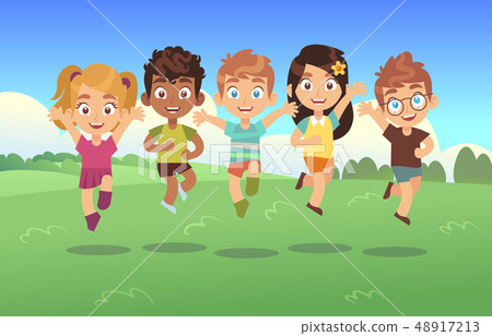 Happy jumping kids. Children holiday cartoon panorama childrens summer meadow park teenagers jump 48917213