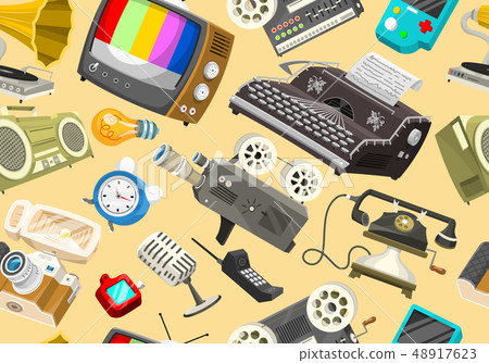 Vintage devices Seamless pattern. Retro tech media, Television tv, Audio radio music, Electronic Vintage devices Seamless pattern. Retro tech media, Television tv, Audio radio music, Electronic 48917623