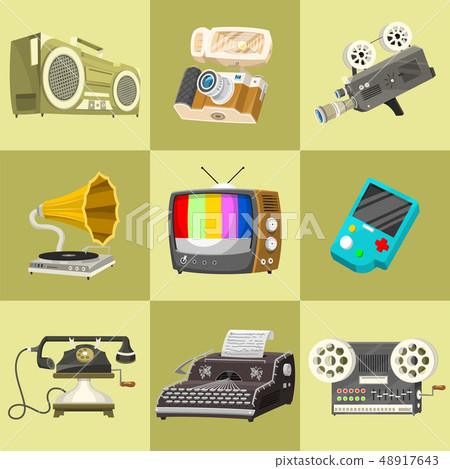 Vintage devices icons. Retro tech media, Television tv, Audio radio music, Electronic sound Vintage devices icons. Retro tech media, Television tv, Audio radio music, Electronic sound 48917643