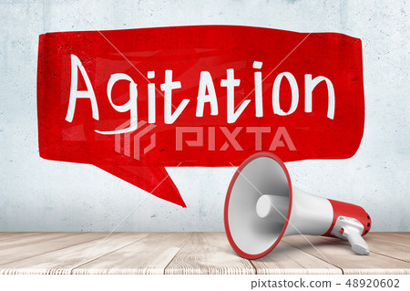 3d rendering of white red megaphone with red white AGITATION sign on white wall background 48920602