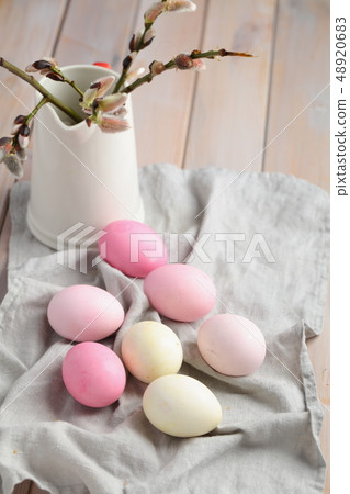 Easter eggs and bunch of pussy willow branches 48920683