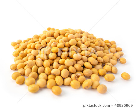 Raw dried soybeans on white background. 48920969
