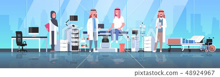 arabic doctors team visiting disabled man patient in hijab sitting on operation table healthcare 48924967