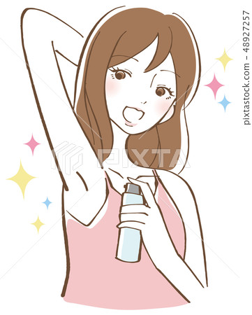 Woman applying antiperspirant spray 48927257