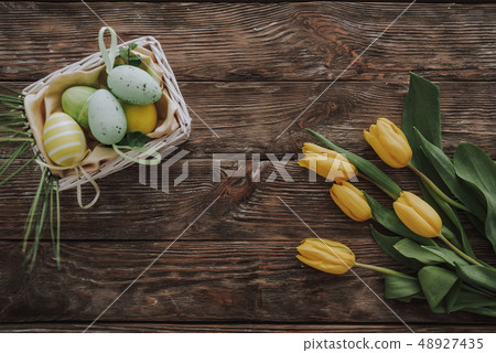 Top view of Easter holiday decoration on table Top view of Easter holiday decoration on table 48927435