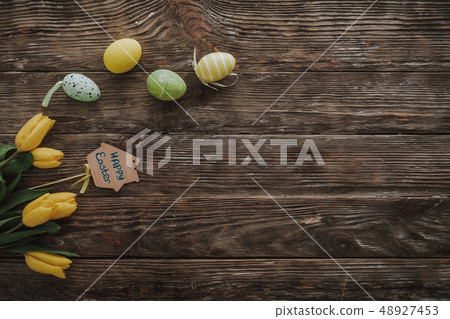Top view of Easter festive decoration on table Top view of Easter festive decoration on table 48927453