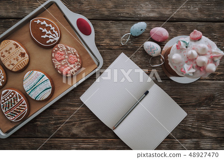 Top View Of Easter Bakery On Kitchen Table Stock Photo 48927470 Easter Bakery On Kitchen Table