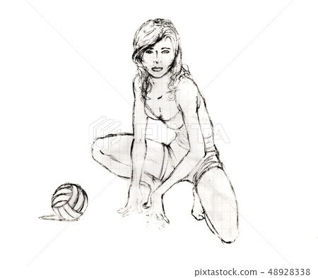 The girl sat down next to a volleyball, penci 48928338