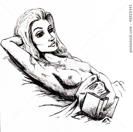 Book reading. Naked girl lying in bed 48928341