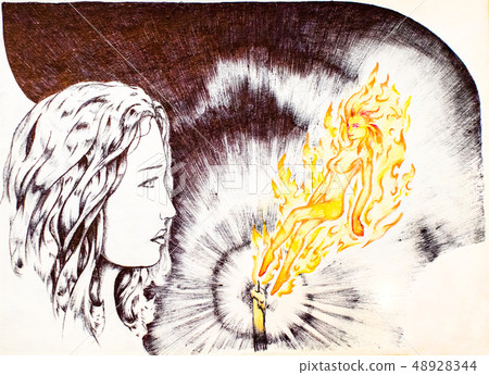 The girl at the candle with a fire elf. Painting 48928344