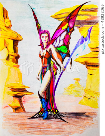 Girl elf with butterfly wings and ax in hand 48928369