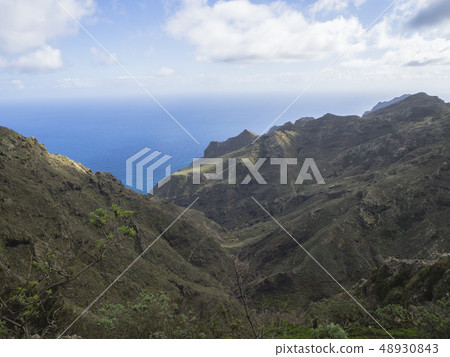 lava rock cliff with small green vegetation, blue sea horizon and sky with white clouds in anaga lava rock cliff with small green vegetation, blue sea horizon and sky with white clouds in anaga 48930843
