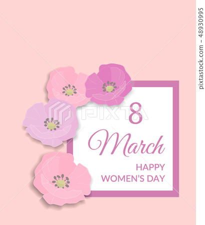 8 March Happy international womens day Greeting Card design. Pink text on white frame and pastel 8 March Happy international womens day Greeting Card design. Pink text on white frame and pastel 48930995