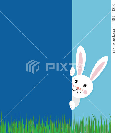 Easter greeting card concept with text cute bunny rabbit looking behind the blue wall on spring Easter greeting card concept with text cute bunny rabbit looking behind the blue wall on spring 48931008