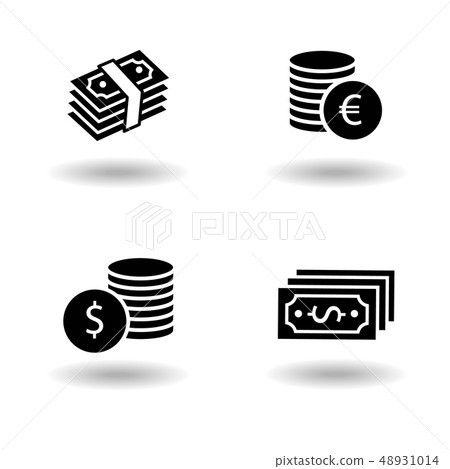 Cash paper money stack and dollar and euro coin black solid icon set with shadow. Business financial 48931014