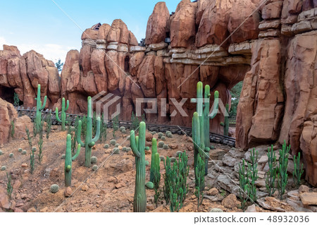 Rusty rail road next to the bushes of cactus Rusty rail road next to the bushes of cactus 48932036