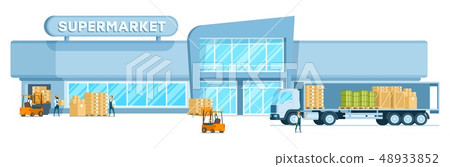 Warehouse Truck Unloading Freight in Supermarket Warehouse Truck Unloading Freight in Supermarket 48933852