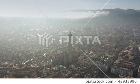 Aerial view of famous historic Due Torri or Two Towers, major city landmark of Bologna, Italy 48933996