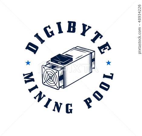 Digibyte logo. Digital asset concept - mining pool text. Crypto emblem with asic equipment 48934226