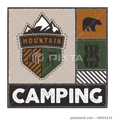Vintage Hand drawn adventure illustration with camp logo, deer, backpack, bear and quote - Mountain Vintage Hand drawn adventure illustration with camp logo, deer, backpack, bear and quote - Mountain 48934233