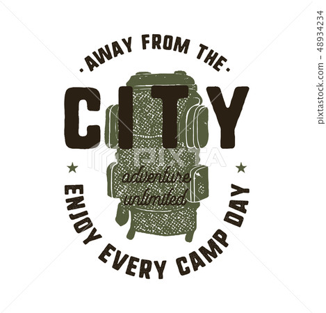 Hand drawn adventure logo with backpack and quote - Away from the city, enjoy every camp day Hand drawn adventure logo with backpack and quote - Away from the city, enjoy every camp day 48934234