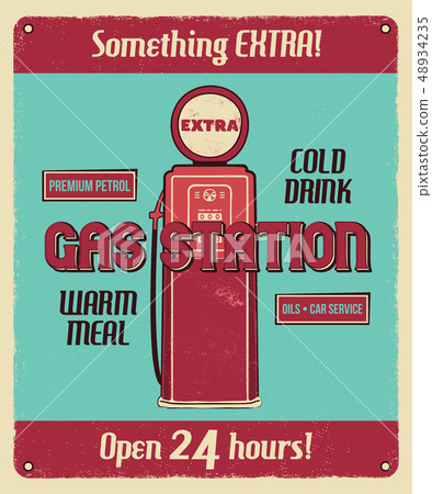 Gas station service vintage poster with retro gas pump and texts. Car service, auto parts and 48934235