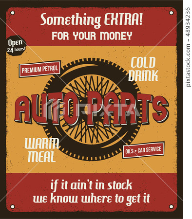 Car repair service retro poster with silhouette wheel and texts. Auto parts and mechanic on duty 48934236