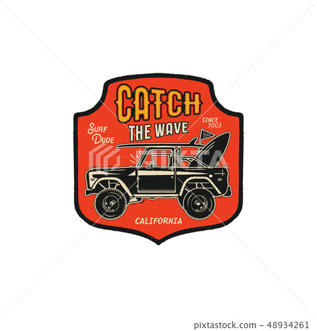 Surfing logo design. Summer badge with silhouette surf car, surfboards and typography quote - Catch Surfing logo design. Summer badge with silhouette surf car, surfboards and typography quote - Catch 48934261