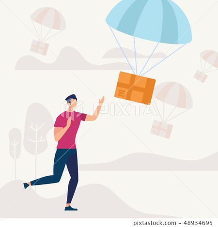 Man Run and Catching Parcel Falling with Parachute Man Run and Catching Parcel Falling with Parachute 48934695