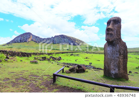 Ao Tongariki's Moai and Lano Lalac on Easter Island Ao Tongariki's Moai and Lano Lalac on Easter Island 48936748