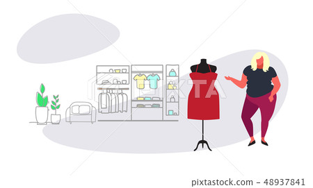 fat overweight woman choosing new dress fashion shop over size female clothes market shopping mall 48937841
