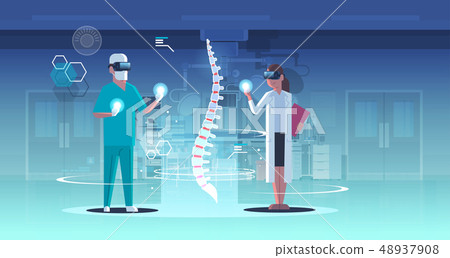 doctors couple wearing digital glasses looking virtual reality spine human organ anatomy healthcare 48937908