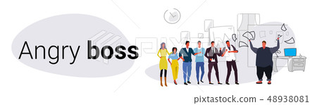 unsatisfied fat man boss throwing paper documents screaming on frustrated workers bad job concept unsatisfied fat man boss throwing paper documents screaming on frustrated workers bad job concept 48938081