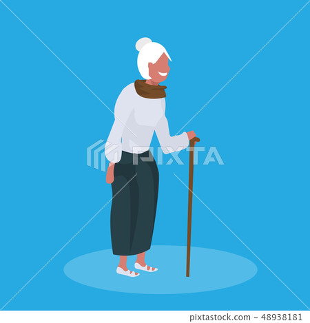 happy senior woman standing with walking cane female elderly cartoon character full length blue 48938181