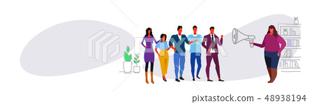 overweight fat businesswoman boss holding megaphone screaming at employee woman team leader 48938194