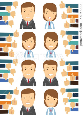 business man and woman, many hands with thumbs. Dislikes and likes concept. Creative vector business man and woman, many hands with thumbs. Dislikes and likes concept. Creative vector 48938828