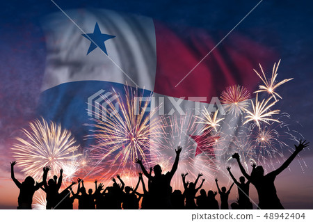 People are looking on fireworks and flag of Panama 48942404