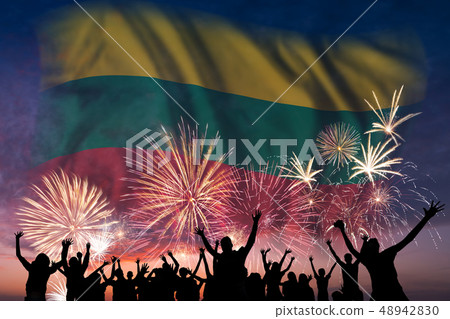 People are looking on fireworks and flag of People are looking on fireworks and flag of 48942830