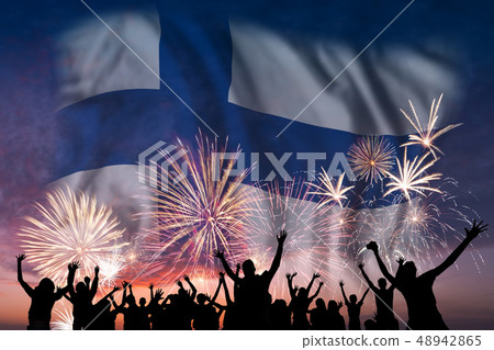 People are looking on fireworks and flag of People are looking on fireworks and flag of 48942865