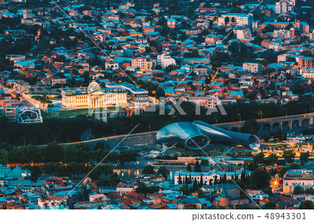 Tbilisi Georgia. Aerial View Of Music Hall, Rike Park, Avlabari Residence In Evening Illumination 48943301