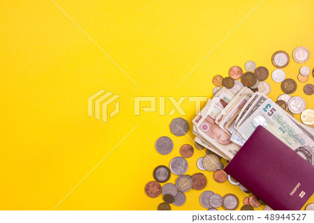 Passport with paper money and coins. Flatlay of 48944527