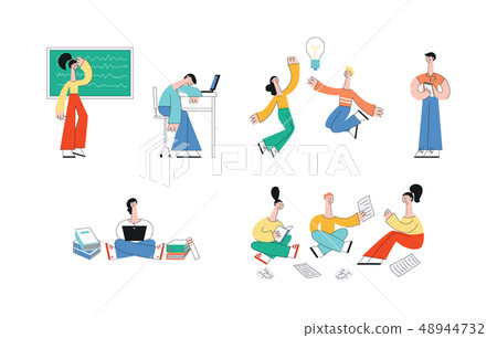 Vector happy teen man girl students jump with book Vector happy teen man girl students jump with book 48944732