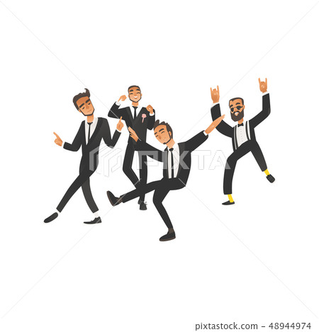 Dansing and happy groom and groomsman on wedding ceremony in flat cartoon style. 48944974
