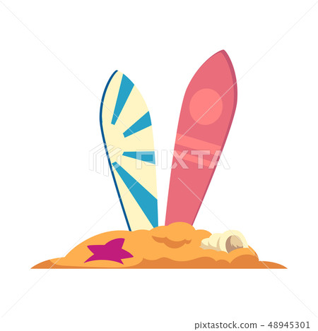 Two surfboards stand in the sand with a shell and a starfish. Two surfboards stand in the sand with a shell and a starfish. 48945301