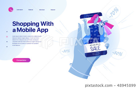 Shopping Online on Website or Mobile Application. Sale, consumerism and people concept. Landing page Shopping Online on Website or Mobile Application. Sale, consumerism and people concept. Landing page 48945899