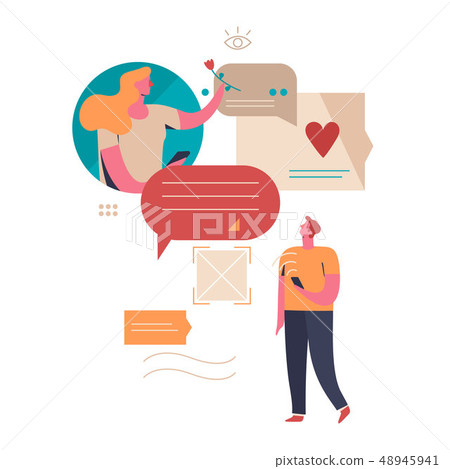 Young People communicate on the Internet. Virtual relationships. Vector illustration 48945941