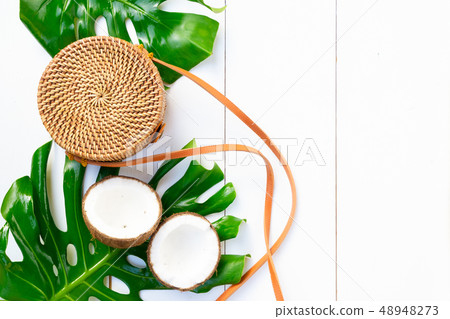 Summer flat lay scenery with swimsuit Summer flat lay scenery with swimsuit 48948273
