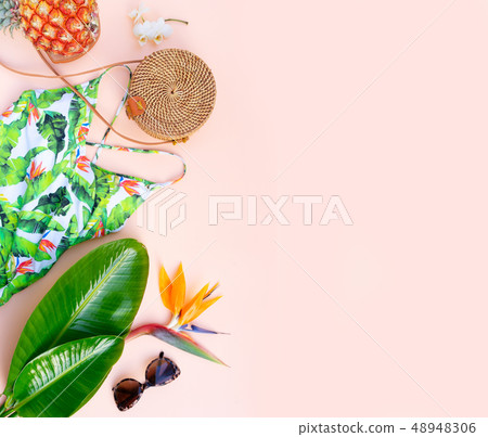 Summer flat lay scenery with swimsuit Summer flat lay scenery with swimsuit 48948306