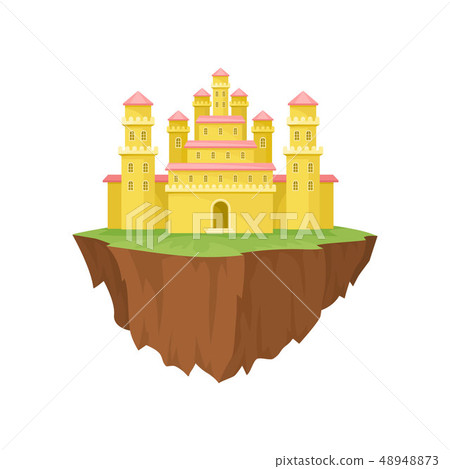 Cartoon yellow island castle on white background. 48948873